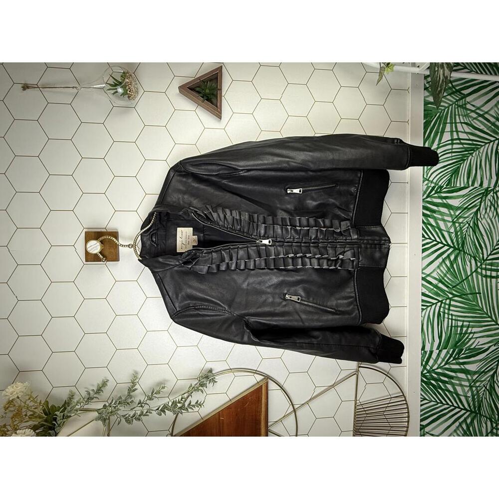 Evy's Tree The Zoe Ruffle Faux Leather Black Bomber Jacket - Size - Medium